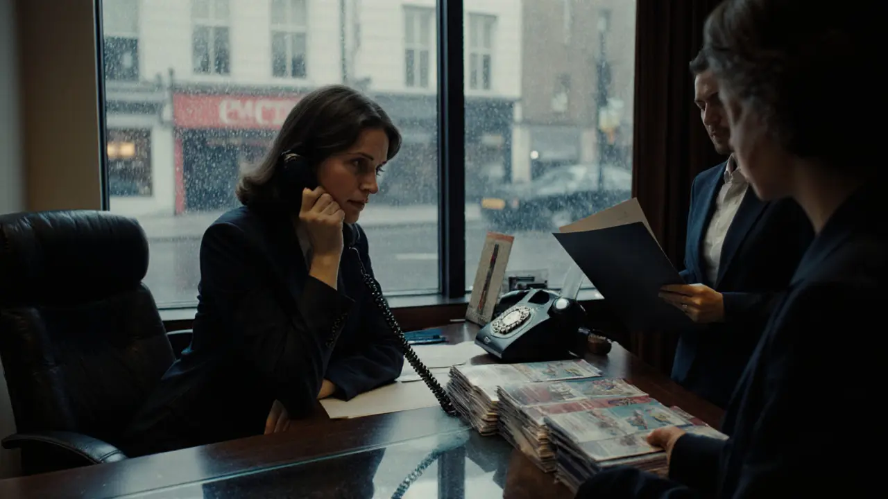 1990s West End escort agency office with brochures and a woman on the phone.