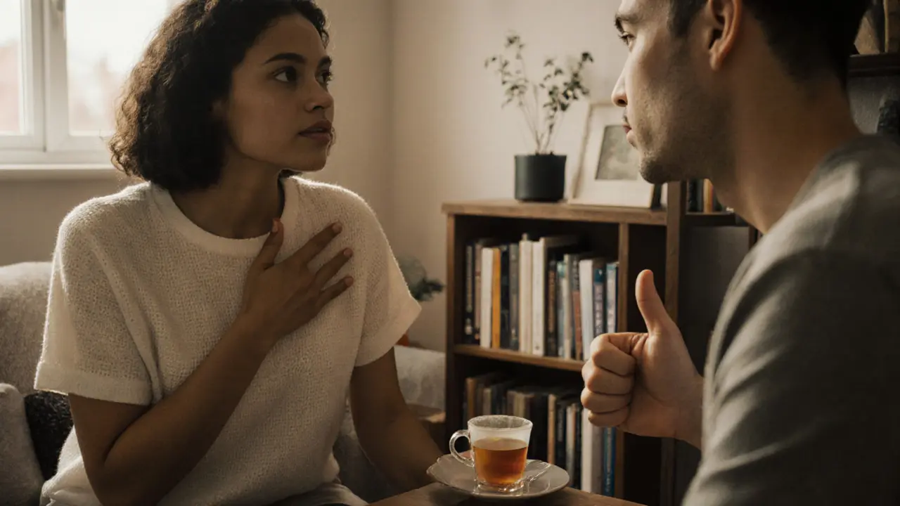 A couple using a quiet hand signal to communicate pleasure during intimacy in a cozy home setting.