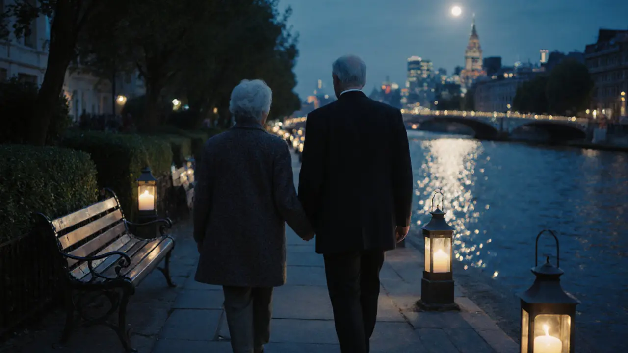 A couple walks peacefully along the Thames at night, lanterns glowing beside them.
