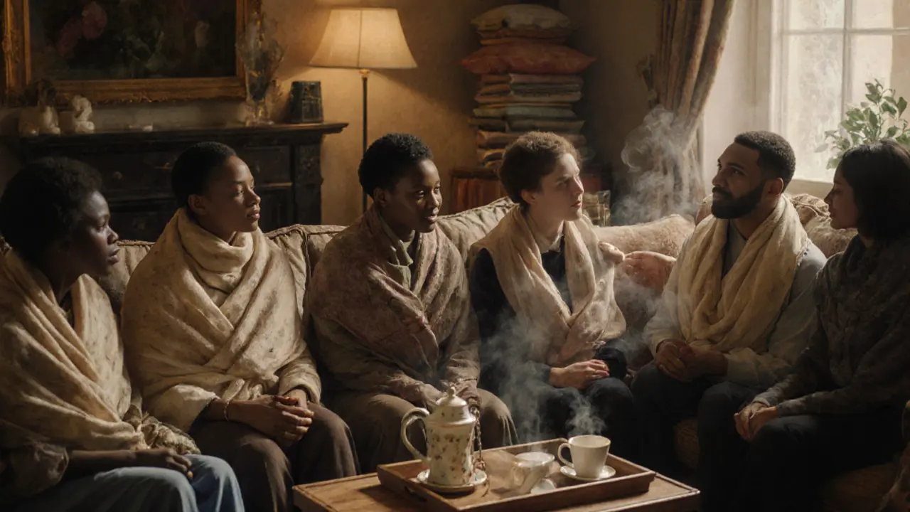 A quiet group in a living-room setting, lightly restrained with silk scarves, sharing calm presence and teacups.