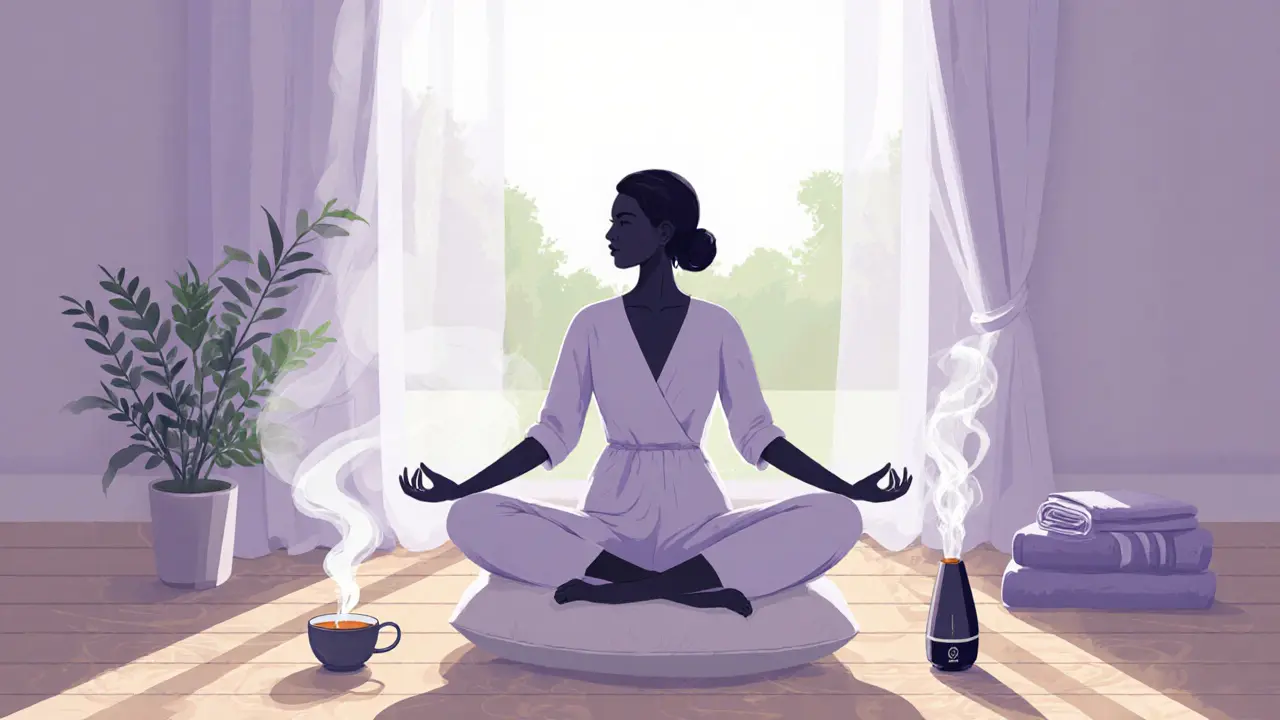 A relaxed woman practices gentle yoga at home, sipping tea beside a lavender diffuser, exuding calm.