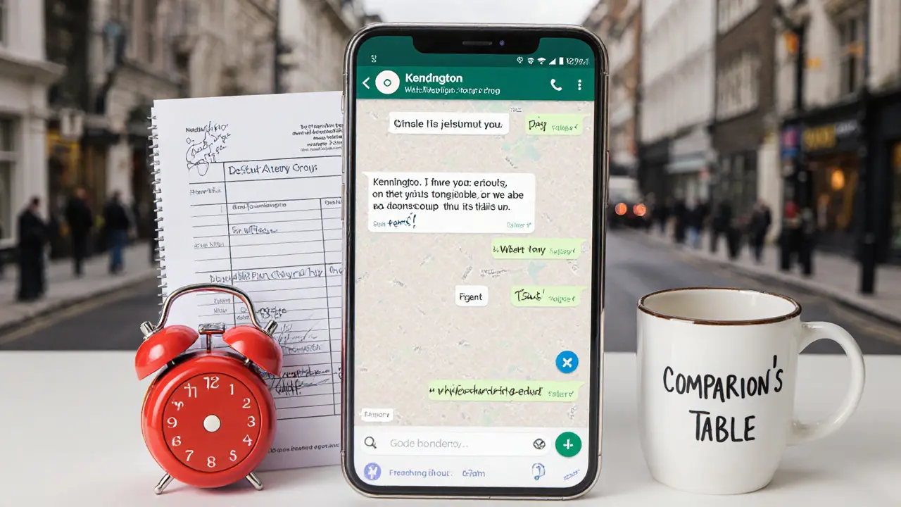 A smartphone showing a private support group, with safety and professional tools nearby.