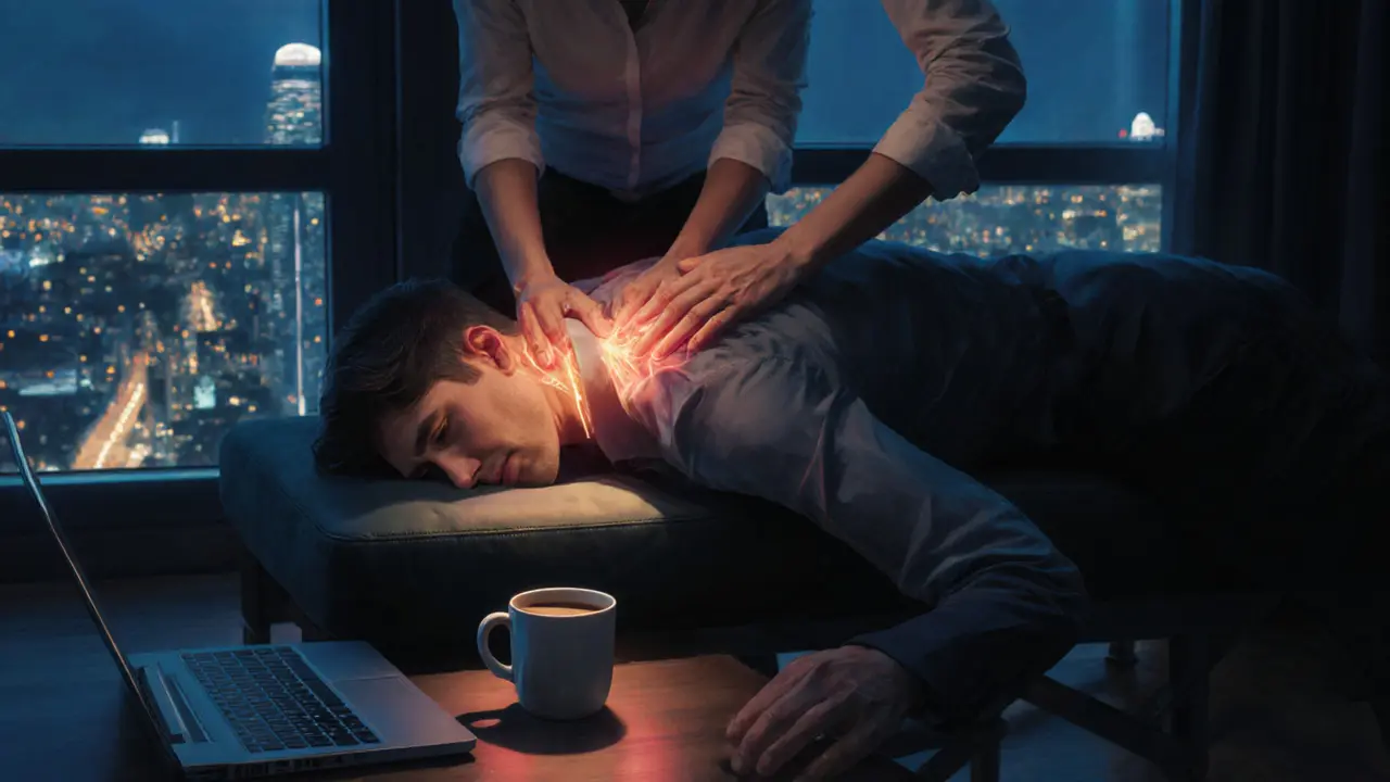 A stressed office worker receiving deep tissue massage in their apartment, tension releasing from shoulders.