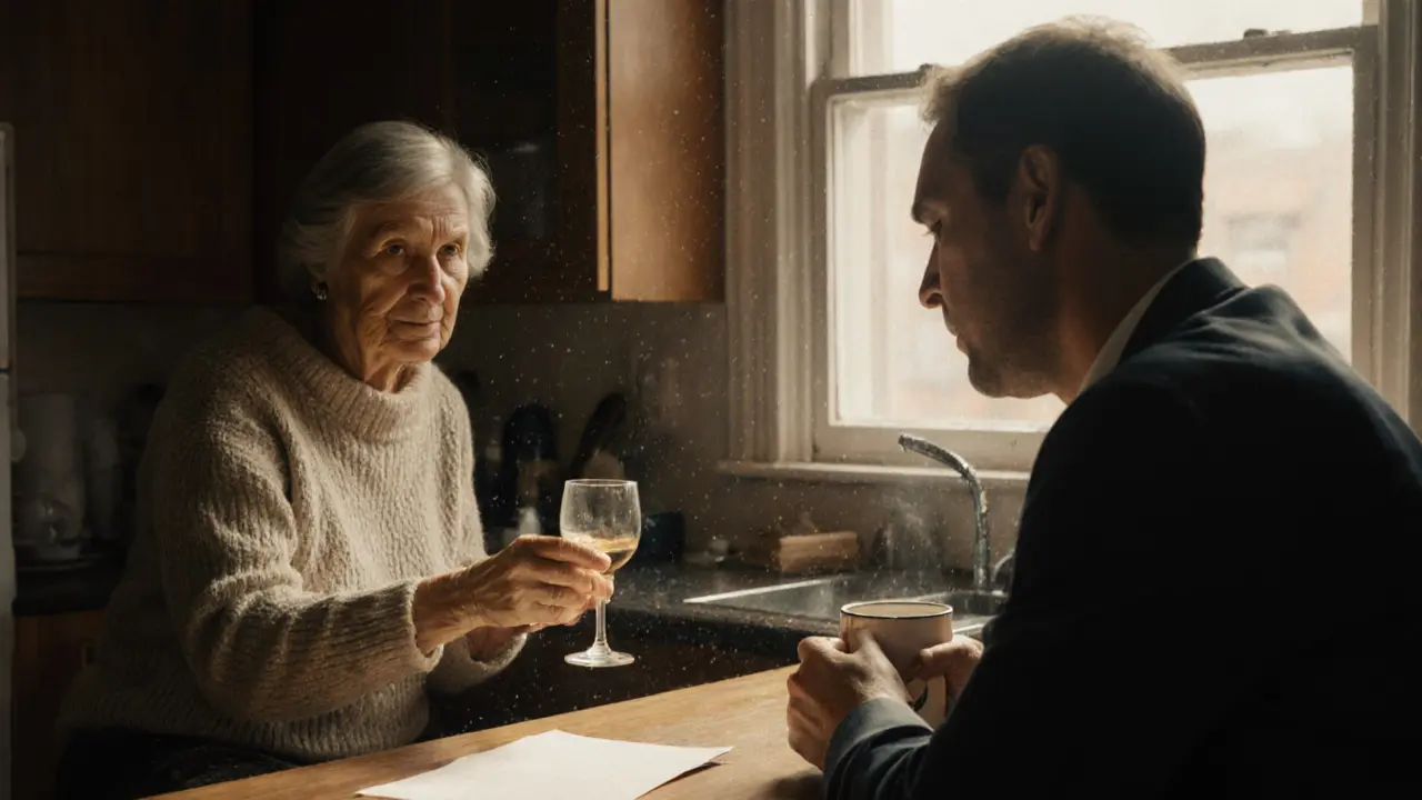 A woman listens attentively to a man in a cozy kitchen, morning light streaming in.