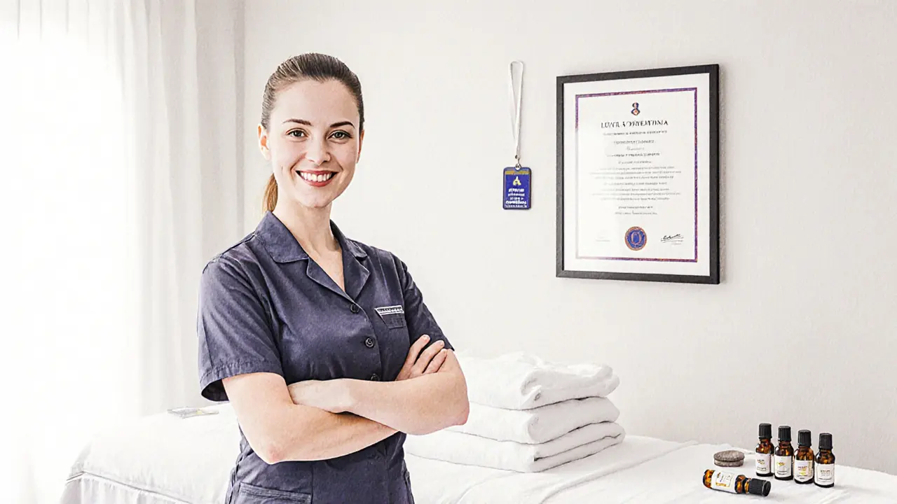 Certified therapist in a clean treatment room with diplomas and aromatherapy oils.