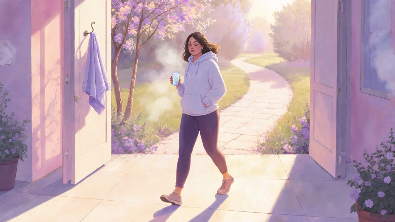 Client leaving the spa, sipping water, and walking on a pastel‑colored garden path.