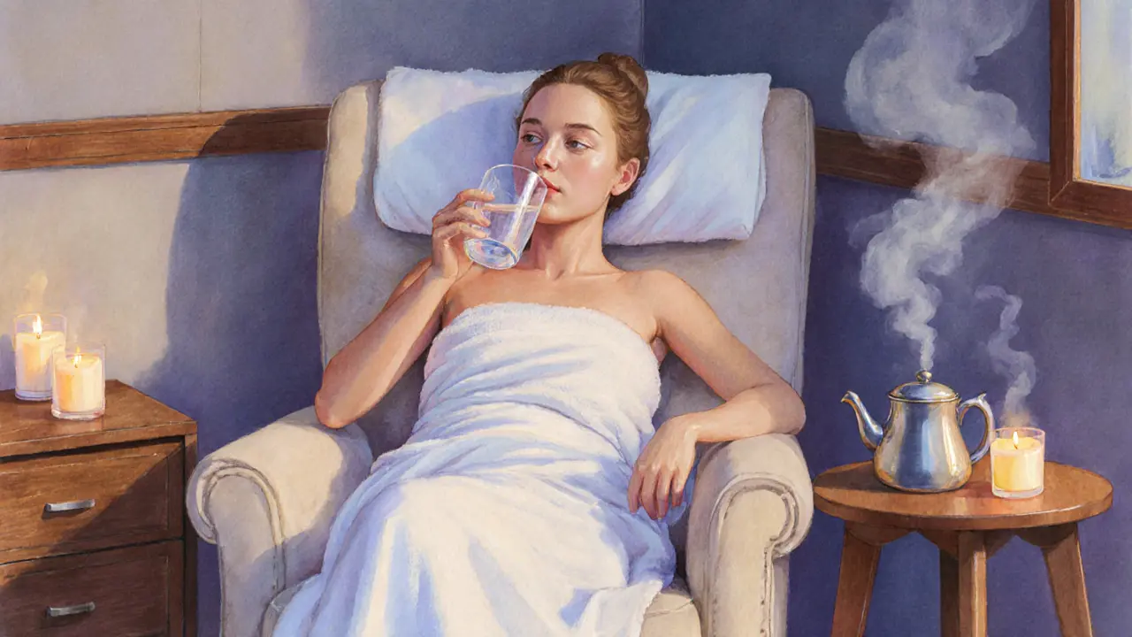 Client resting in a spa lounge, wrapped in a towel, sipping water after a massage.
