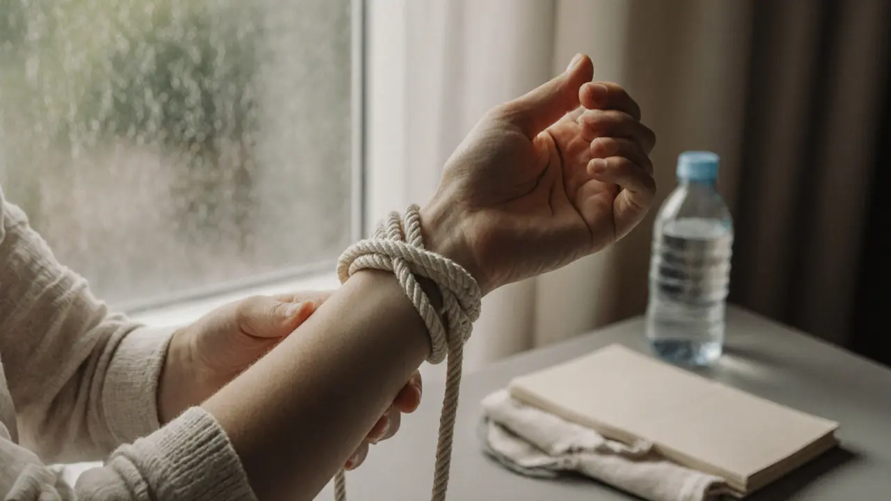 Close-up of hands tying a delicate cotton rope knot around a forearm, evoking care rather than constraint.