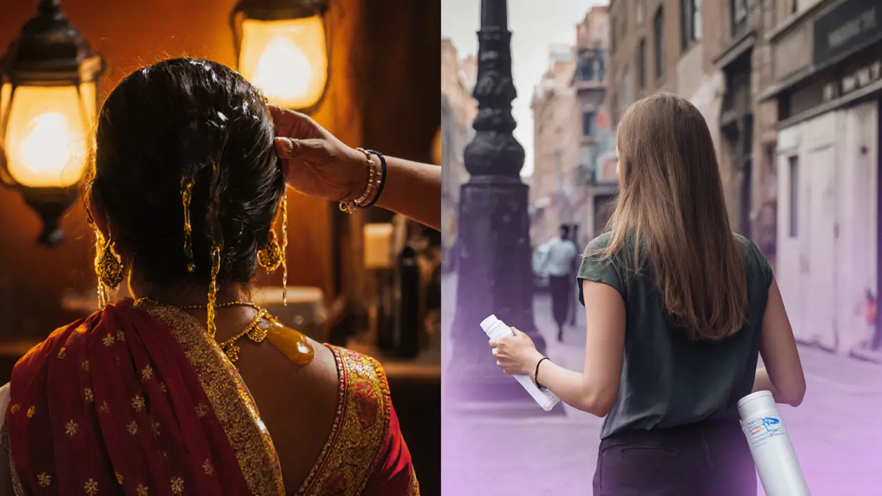 Contrasting scenes: traditional oily hair vs. modern dry, fresh hair after an Indian head massage.