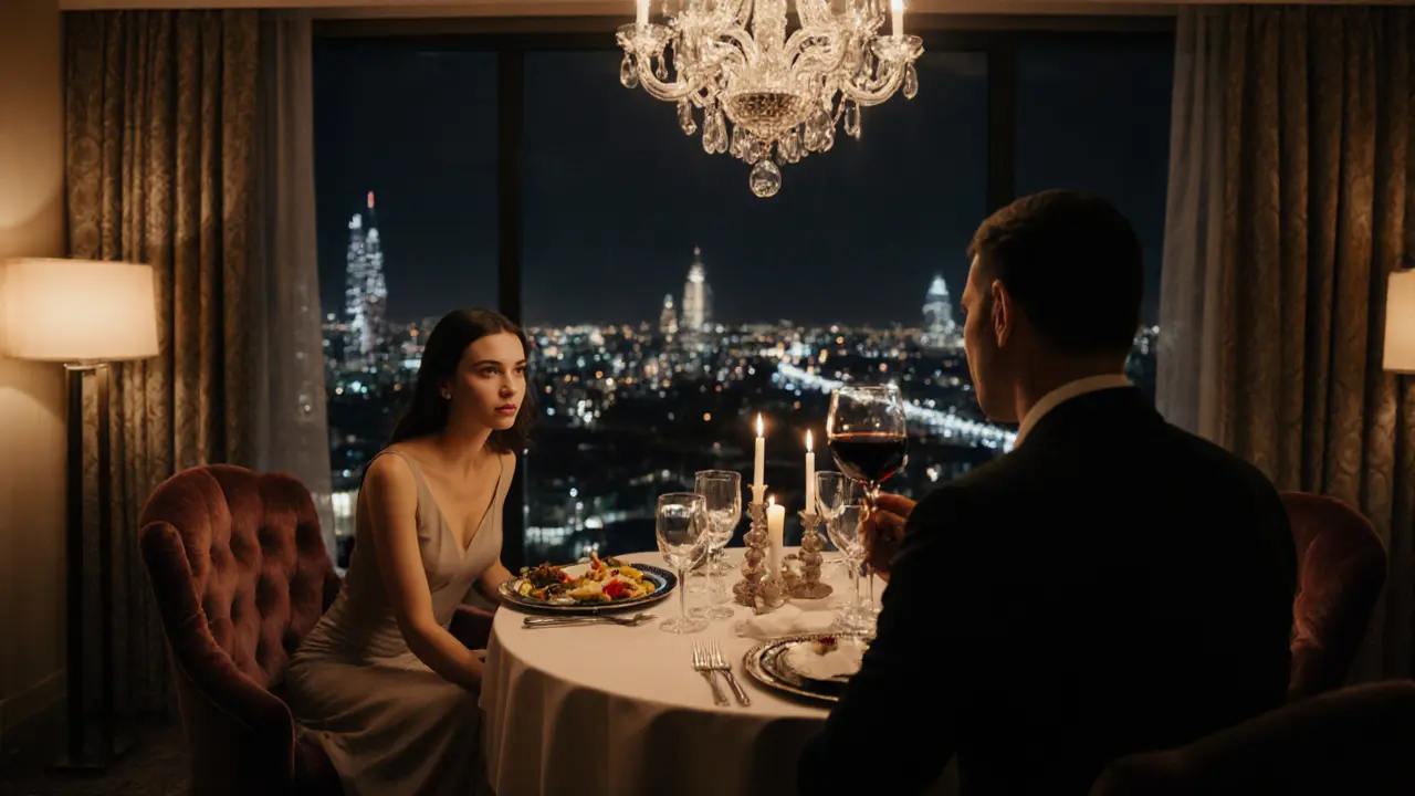 Couple sharing a candlelit dinner in a luxurious hotel suite with city lights visible.