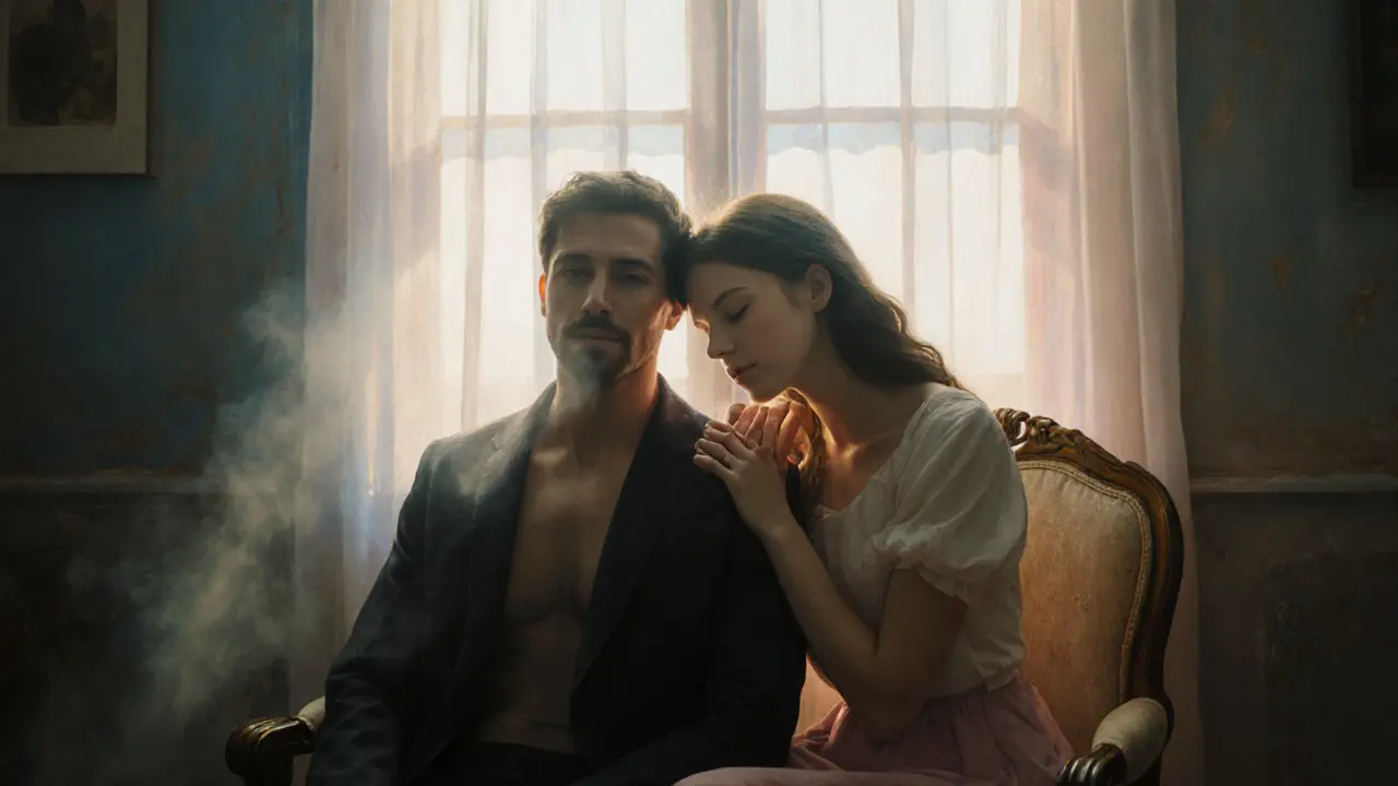 Couple sitting together after chest play, dawn light through a window, holding hands.