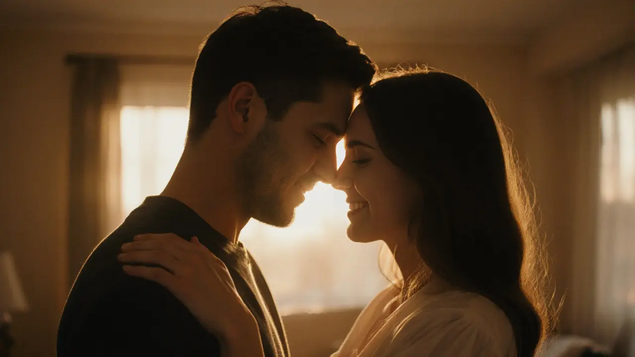 Couple smiling and holding each other after a kiss, showing mutual comfort.