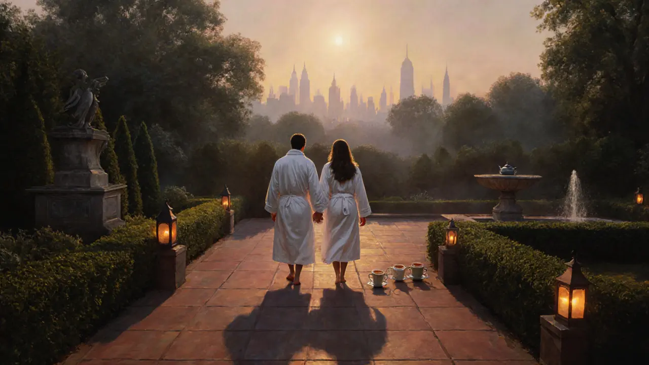 Couple strolling hand‑in‑hand through a tranquil spa garden after their session.