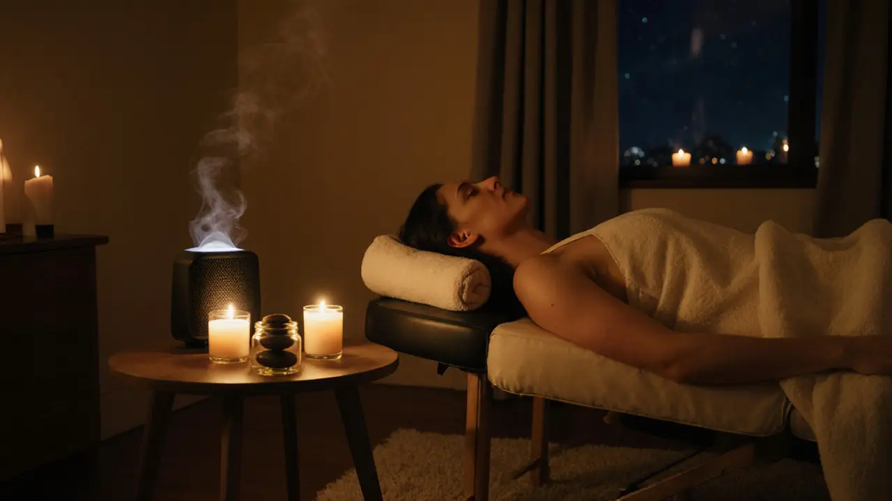 Cozy bedroom set for a home massage with candles, oil, heated stone, and a relaxed person on a table.