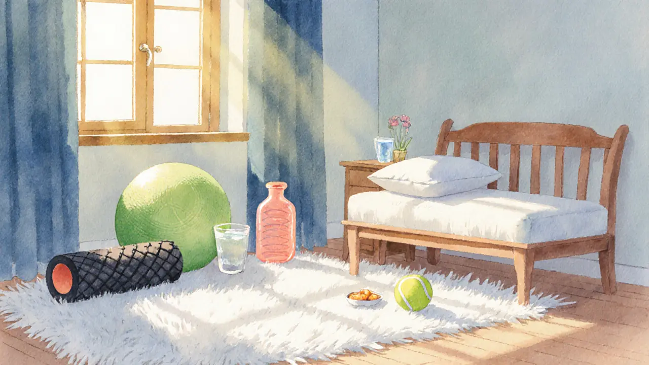 Cozy bedroom with foam roller, tennis ball, water bottle and sunlight for post‑massage care.