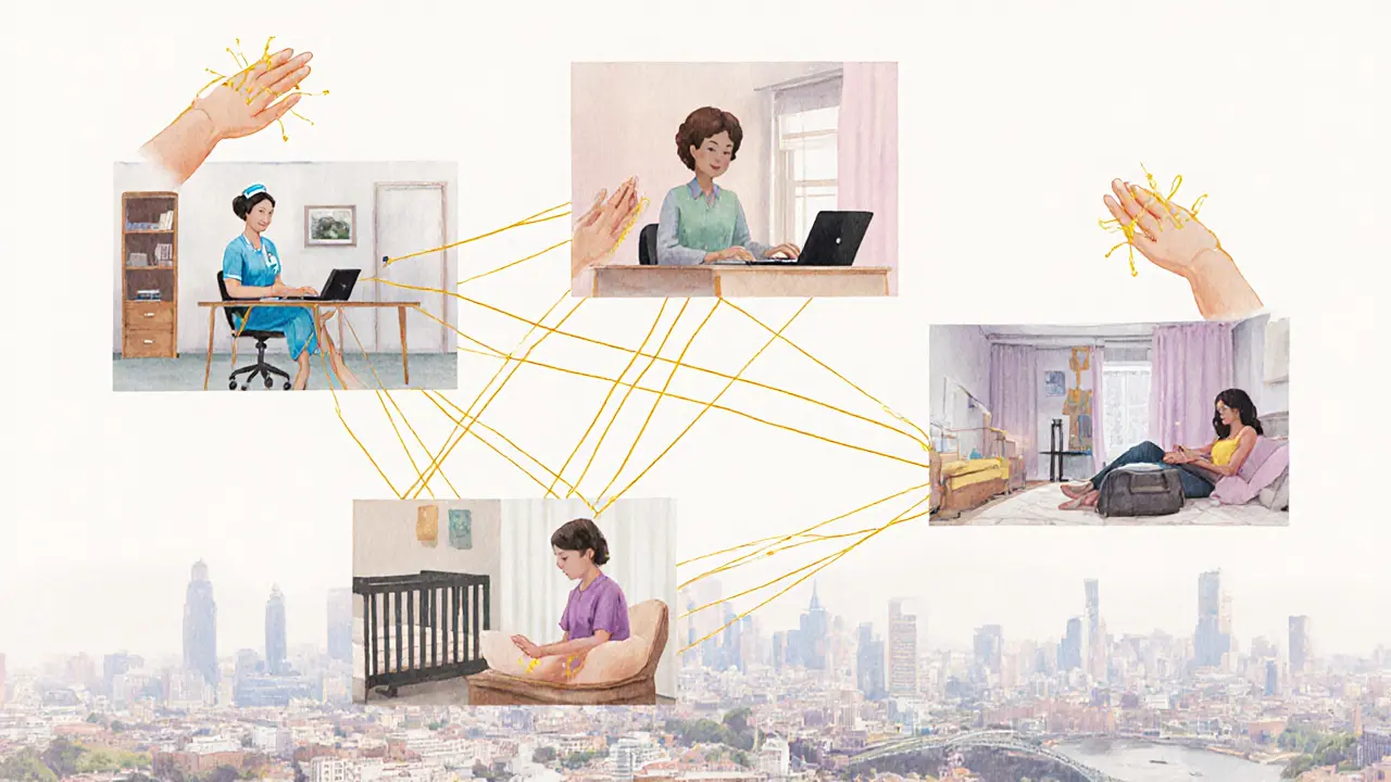 Diverse Londoners in their personal spaces connected by calming energy threads from massage therapy.