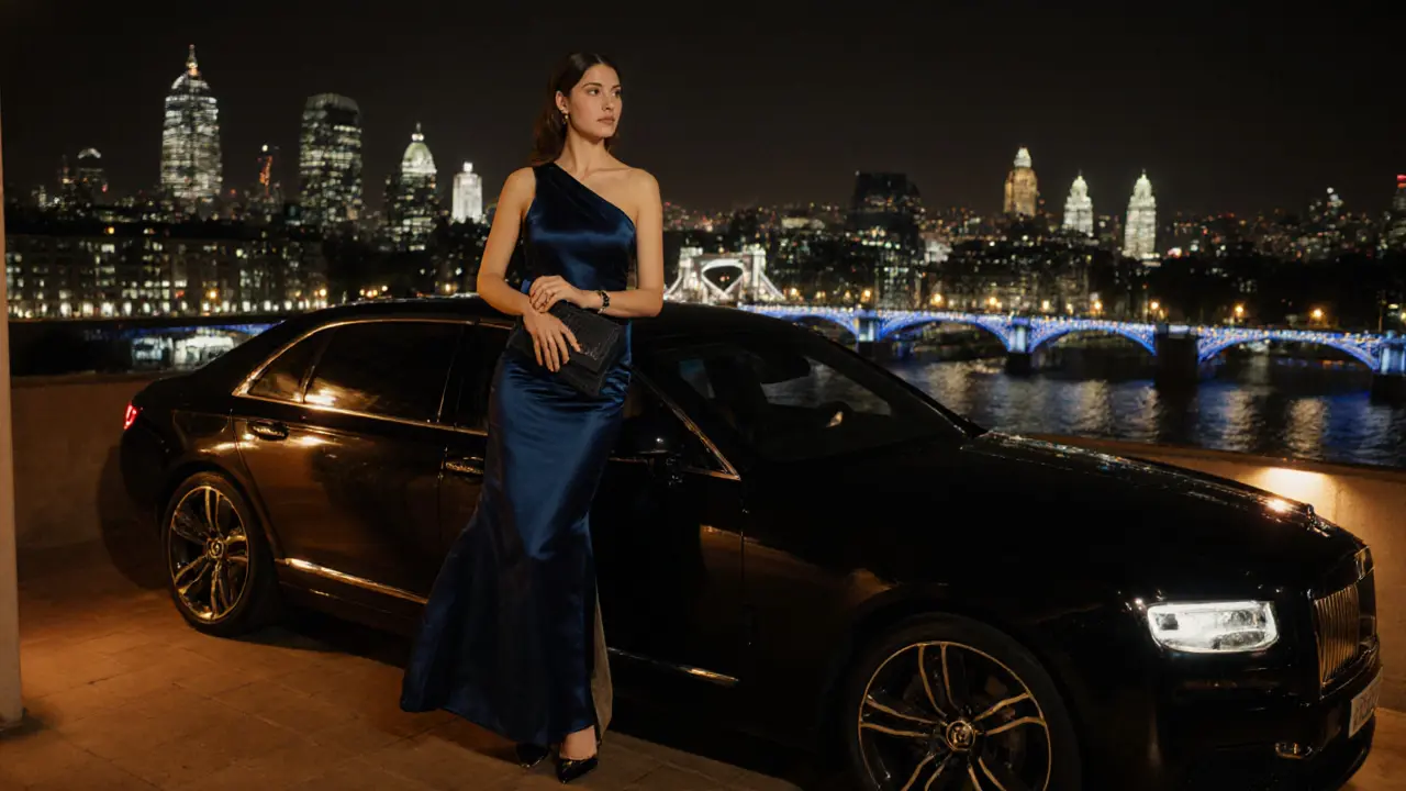 Elegant escort standing on a hotel balcony with London skyline at night.
