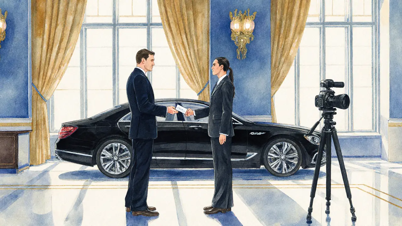 Escort assisting a client with reservations and a camera ready for a photo shoot in a grand hotel lobby.