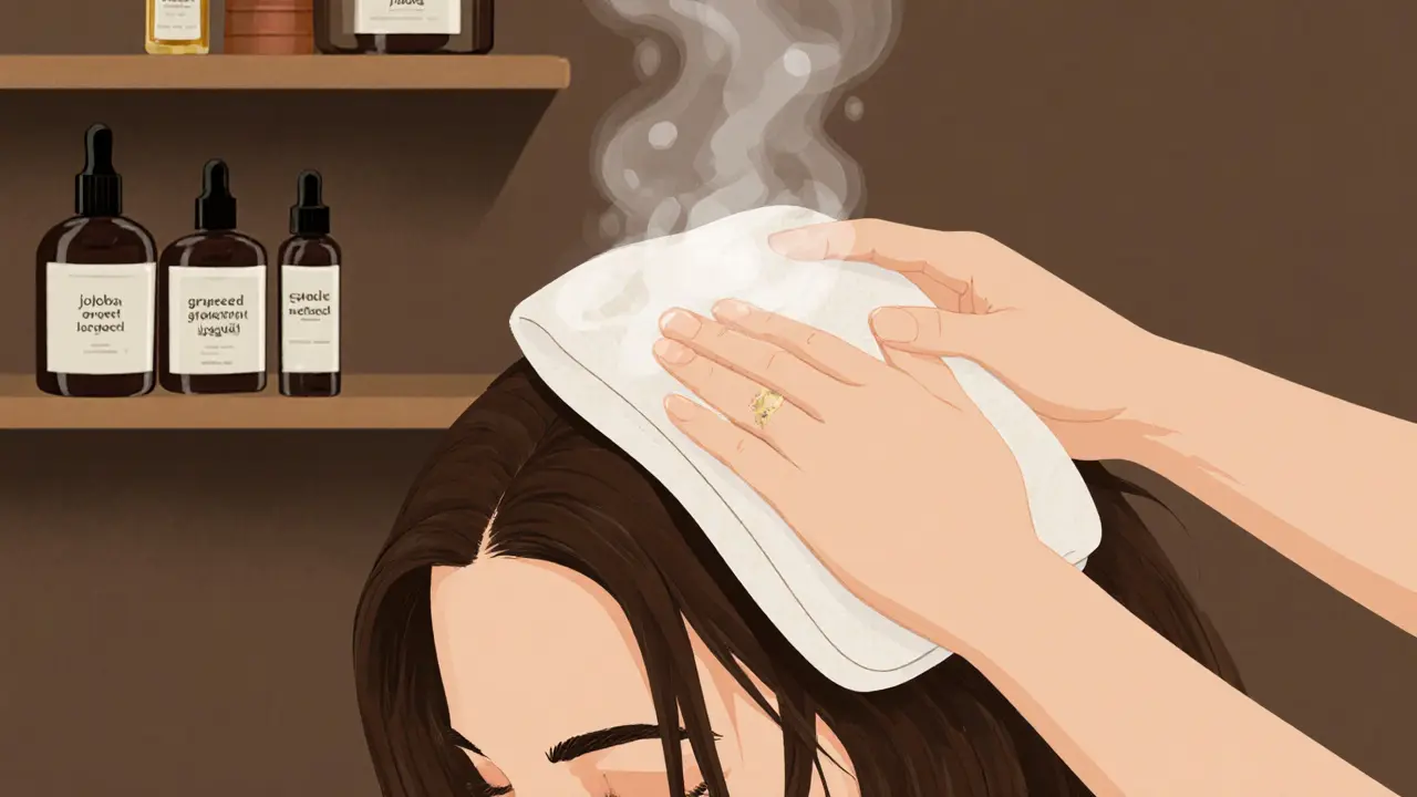 Hands patting a client&#039;s scalp with a steamy towel after an oil-based head massage.