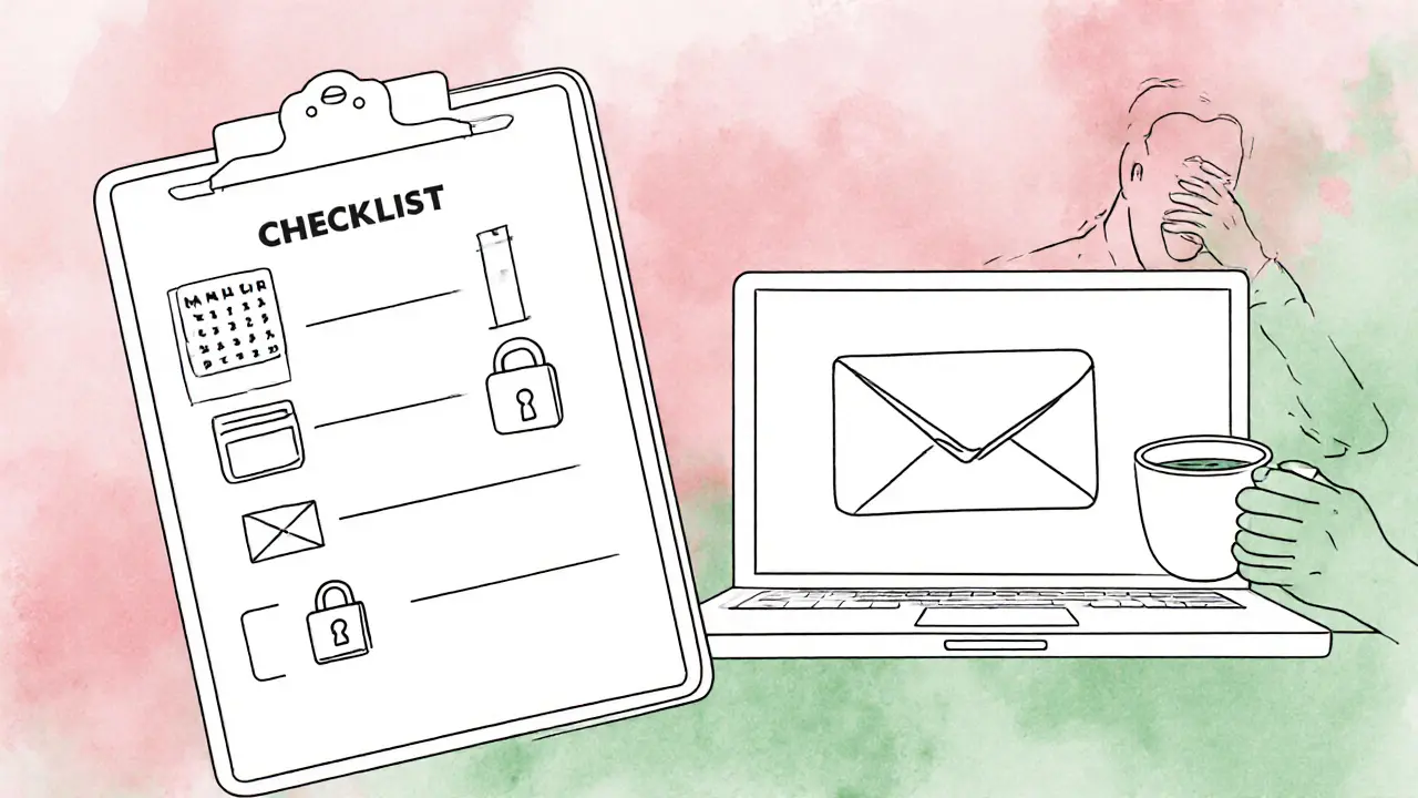 Line‑art of a checklist and a person reviewing a laptop in a pastel pastel setting.