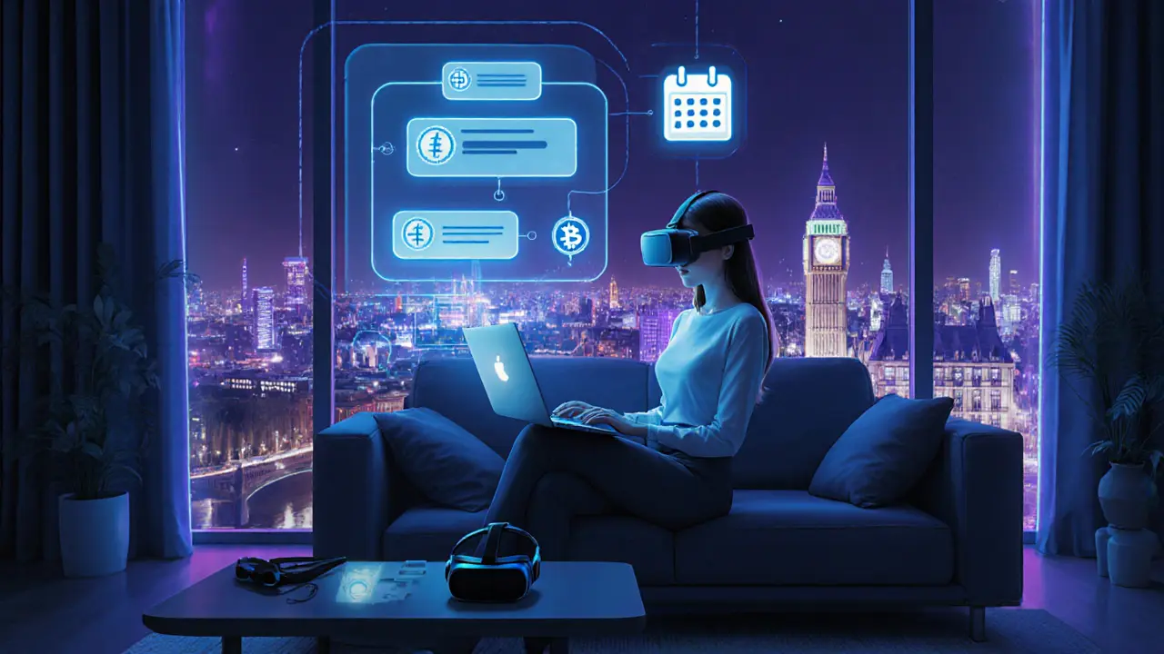 Modern apartment scene showing a woman using a laptop and holographic interface.
