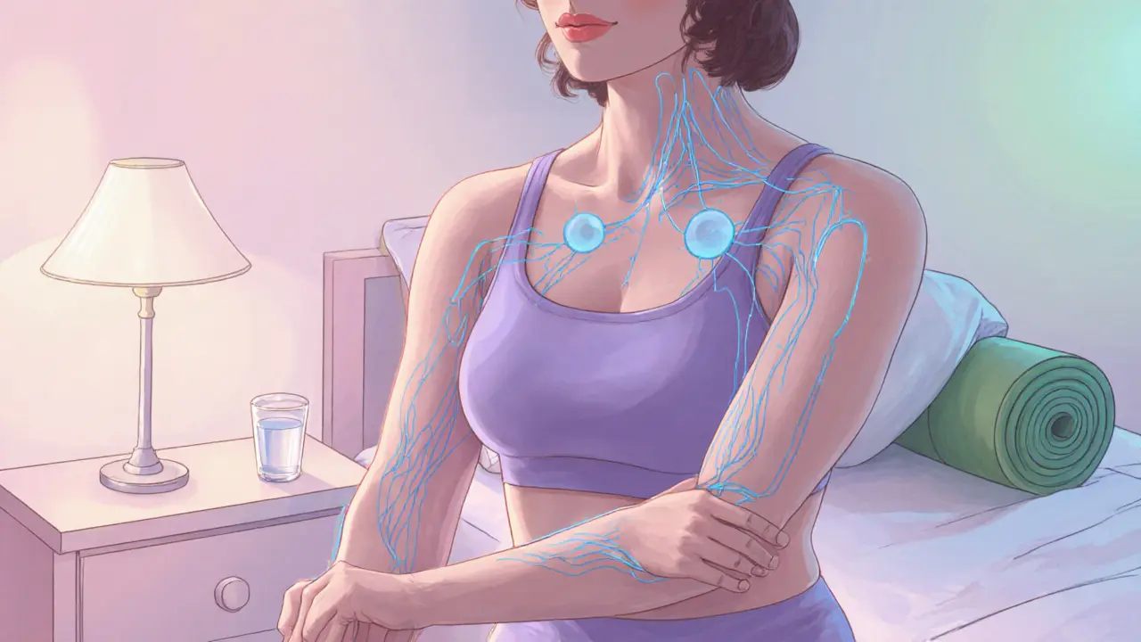 Person doing self‑lymphatic massage with visible flow lines on the body.