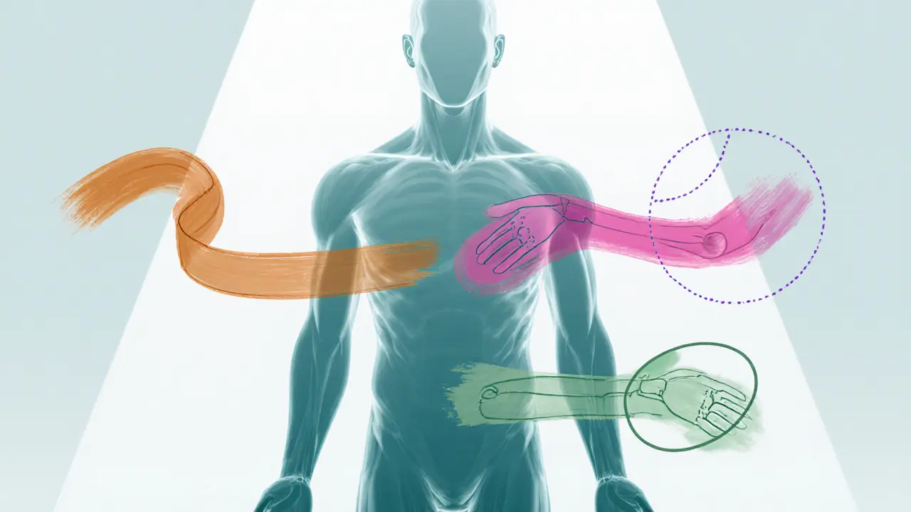 Semi‑transparent silhouette showing three colored hand strokes for massage techniques.
