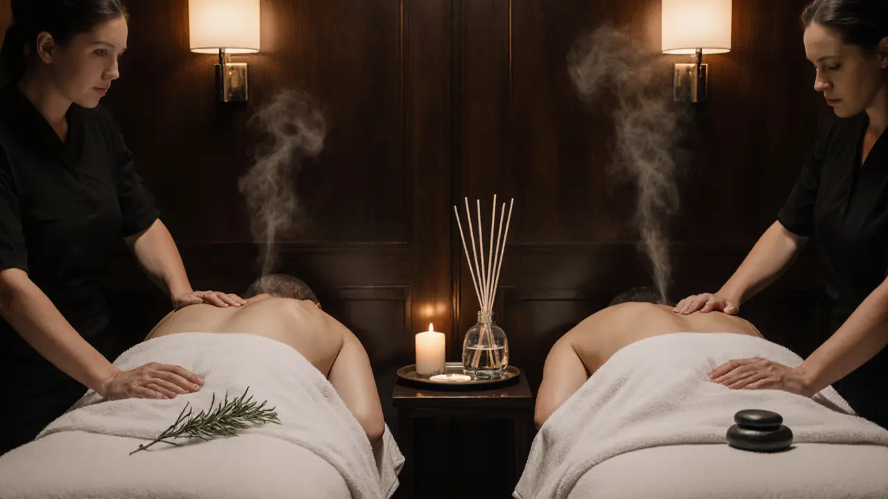 Side‑by‑side couples massage with therapists, candles, and hot stones.