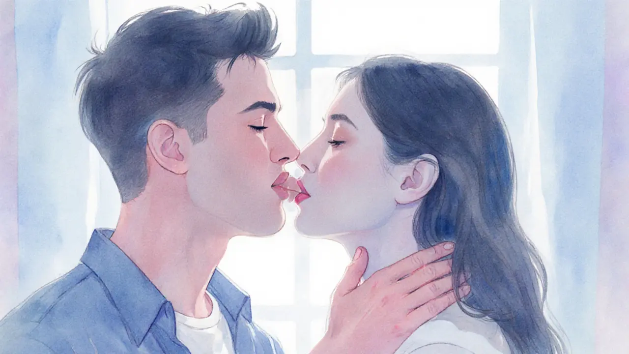 Side view of couple kissing, with gentle hand on neck and synchronized breathing.