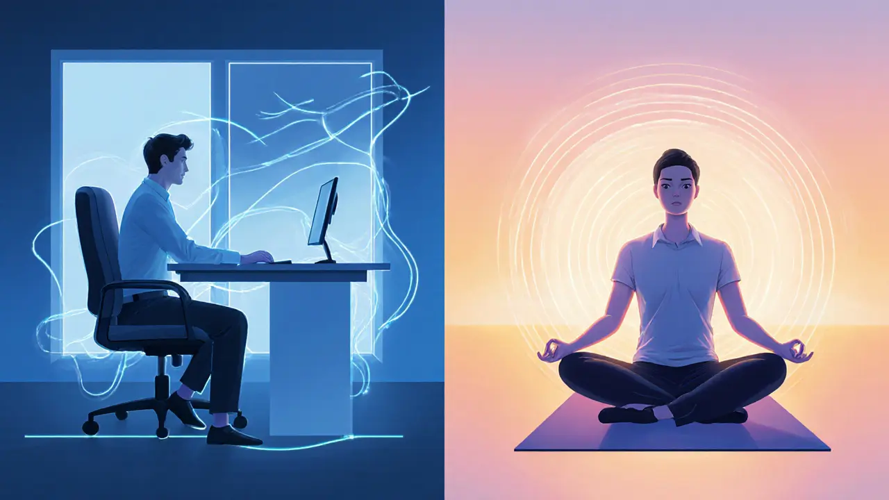 Split scene of a focused office worker transformed into a relaxed, glowing person after a massage.