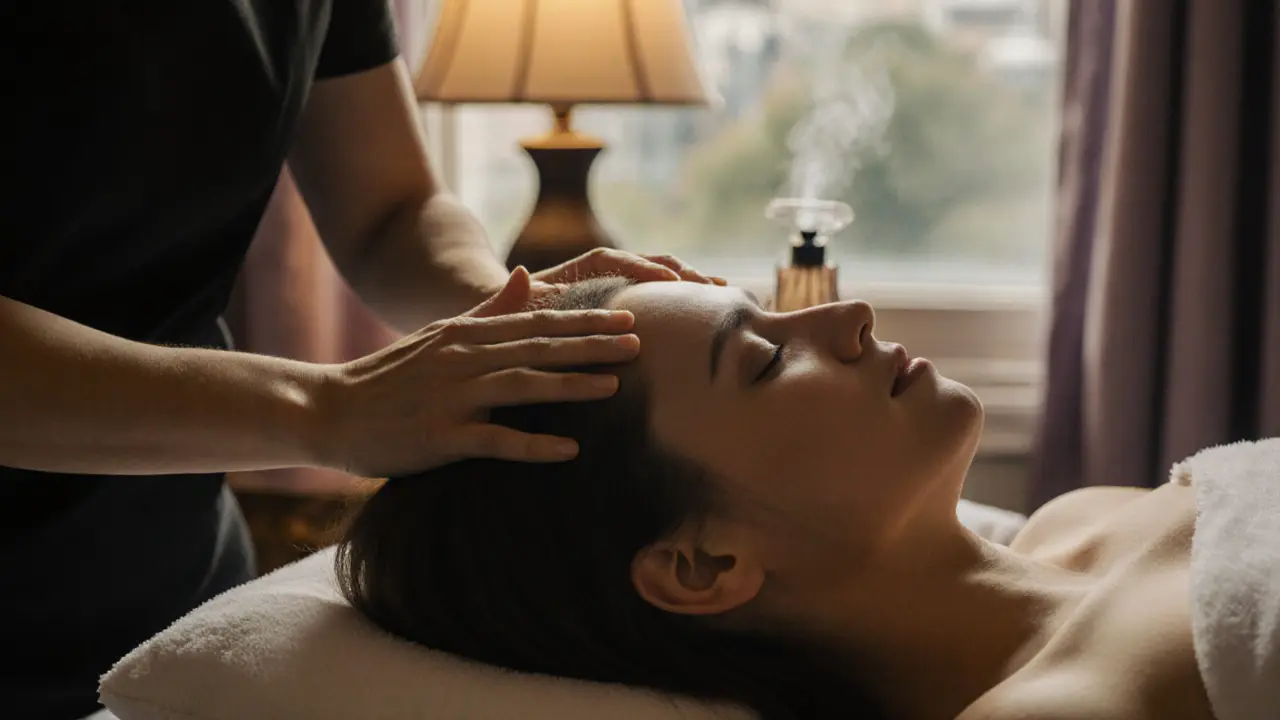 Therapist&#039;s hands gently massaging a client&#039;s scalp under warm lighting and aromatic mist.