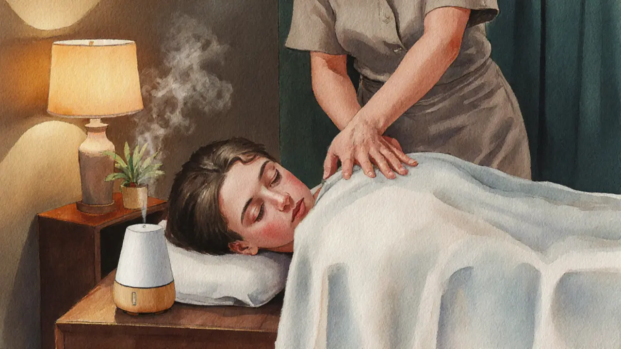 Therapist gently massaging a client on a draped table in a softly lit room.