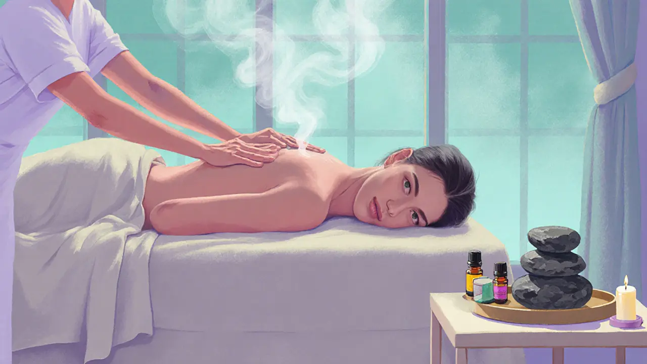 Therapist giving an aromatherapy massage with steam and essential oils visible.