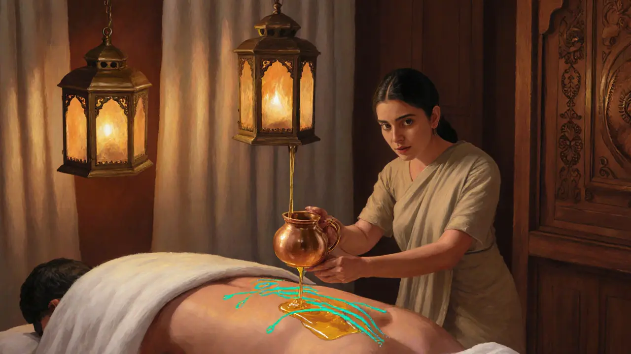 Therapist pours warm herbal oil onto a client in a spa, with glowing energy lines along the spine.