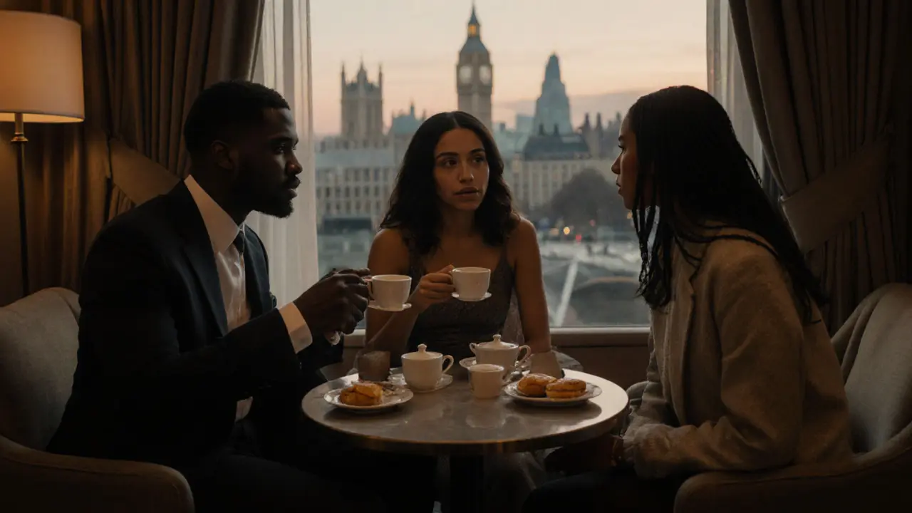 Three clients sharing quiet, meaningful conversation in a West London hotel lounge.