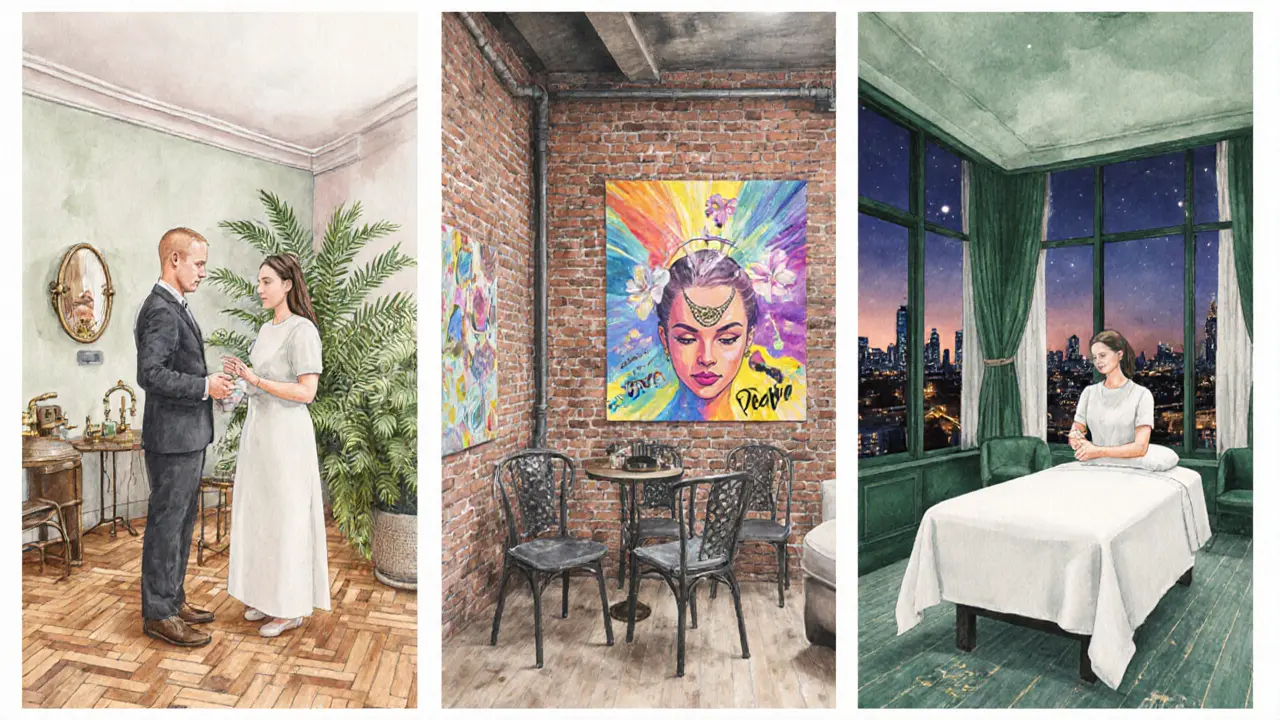 Three London spa interiors: boutique, hip studio, and luxury suite with city view.