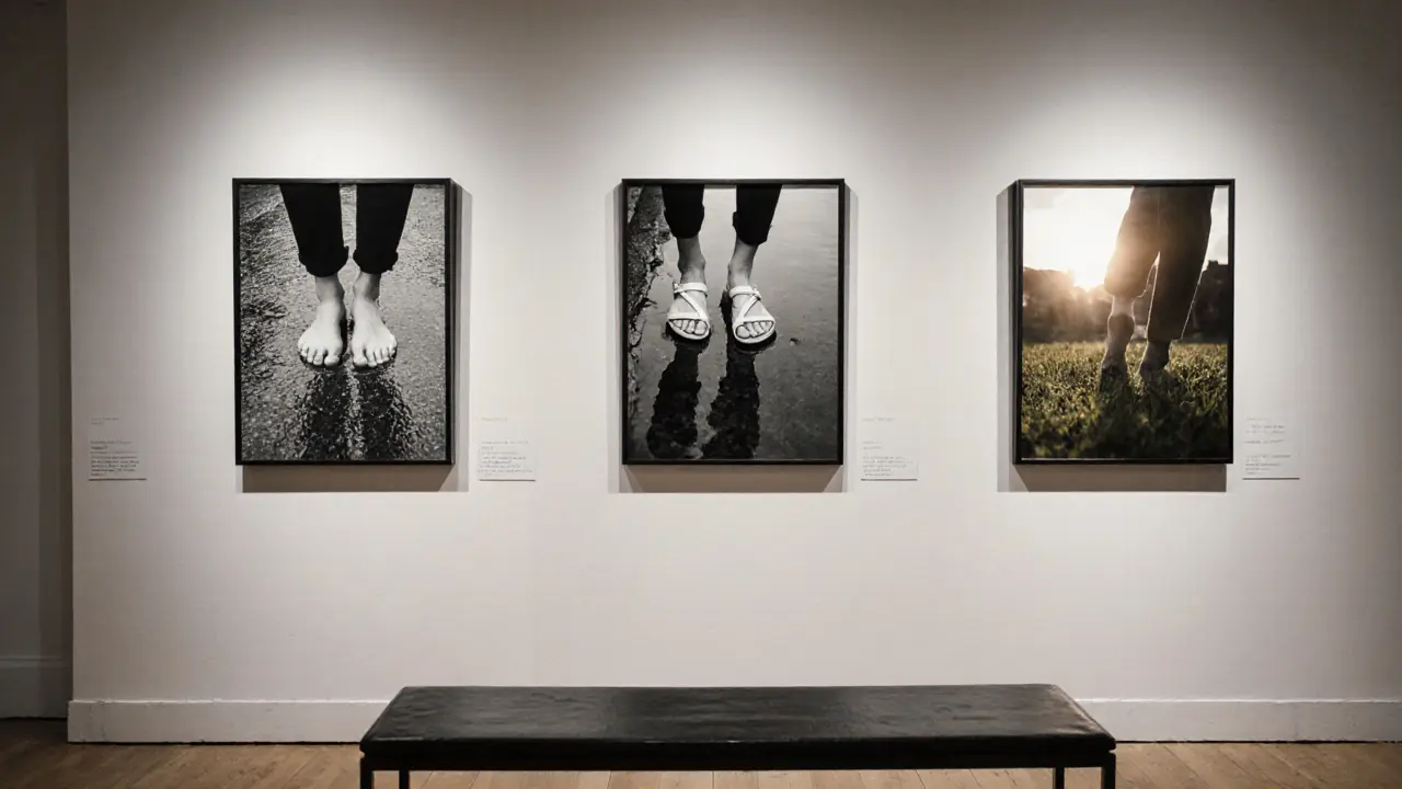 Three minimalist black-and-white photographs of feet in natural settings displayed in an art gallery.