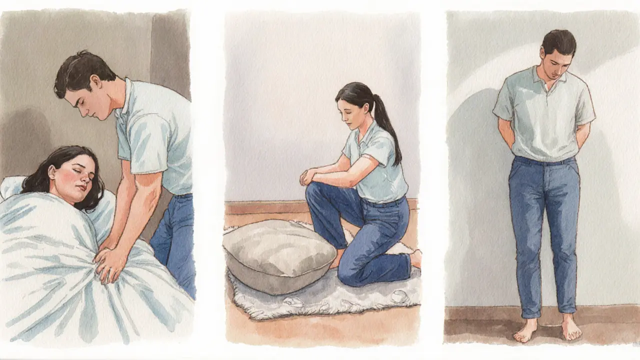 Three panels showing side‑lying, kneeling, and standing positions for rimming, illustrated softly.