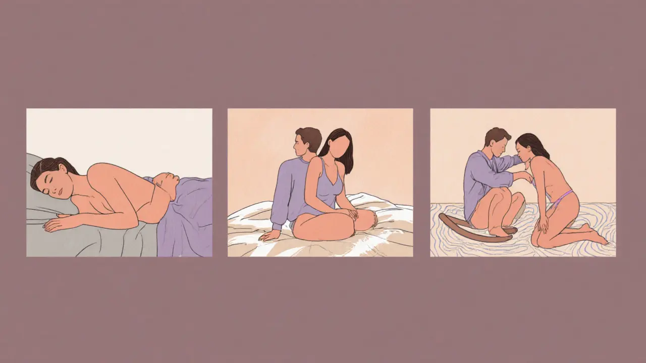 Three pastel vignettes showing side‑by‑side, back‑to‑back, and face‑to‑face chest positions.