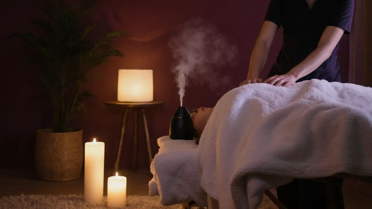 Warm home spa scene with candles, massage table, and aromatherapy diffuser.