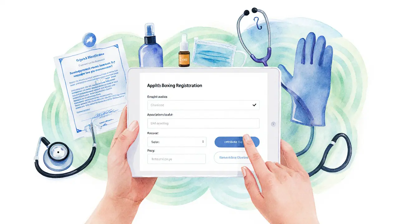 Watercolor illustration showing booking tools, registration certificate, and hygiene items.