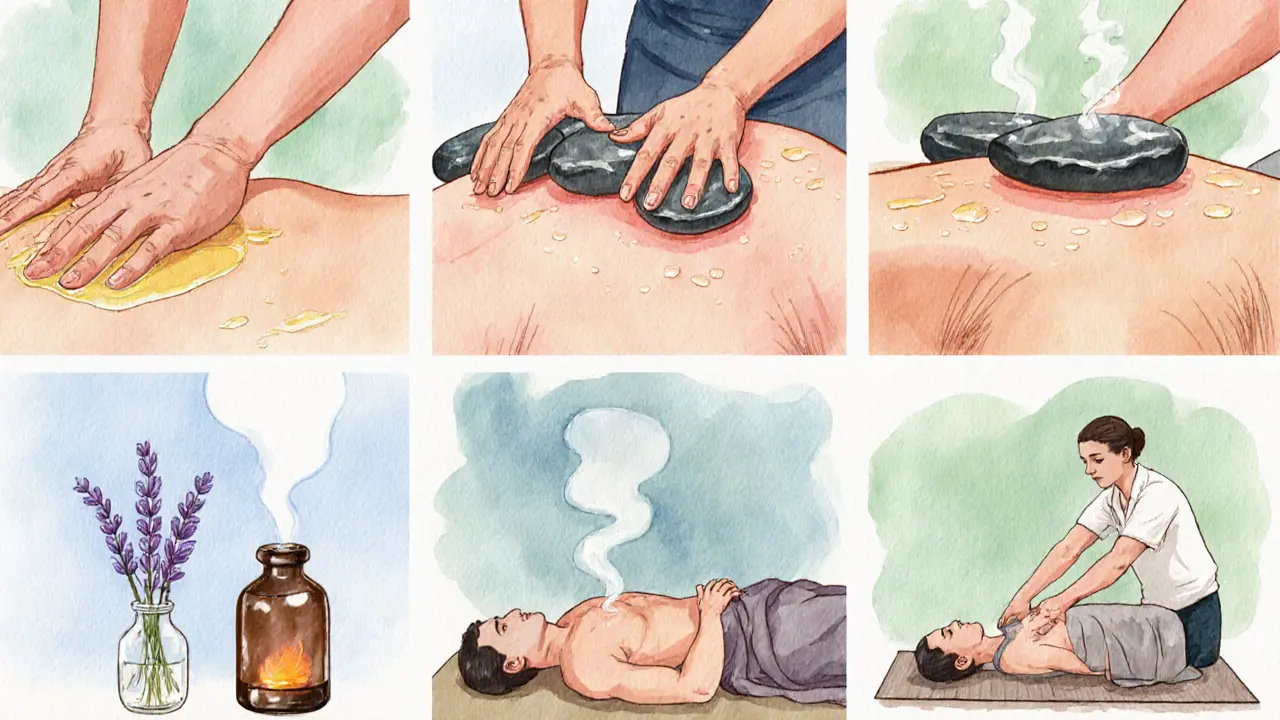 Watercolor panels showing Swedish, Shiatsu, Hot stone, Aromatherapy, Lomi Lomi, and Thai massage techniques.