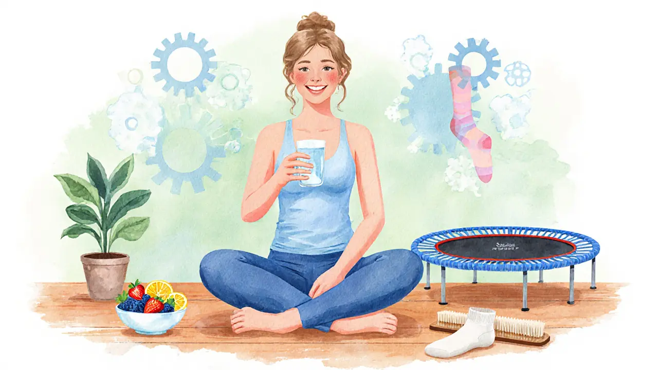 Woman surrounded by water, fruit, dry brush, compression socks, and a mini‑trampoline.