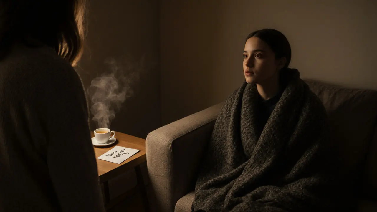 A client sits wrapped in a blanket after a session, breathing slowly, with tea steaming beside them in a serene room.
