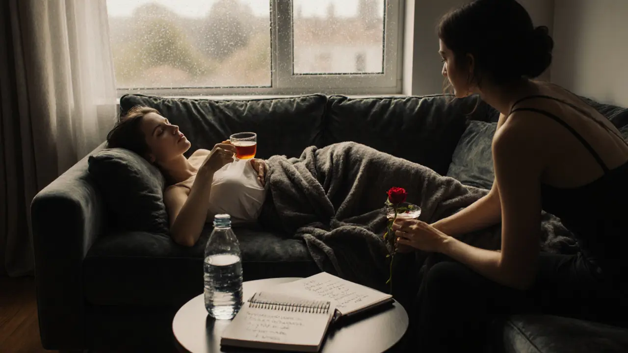 A client wrapped in a blanket sipping tea while an escort offers quiet aftercare support.