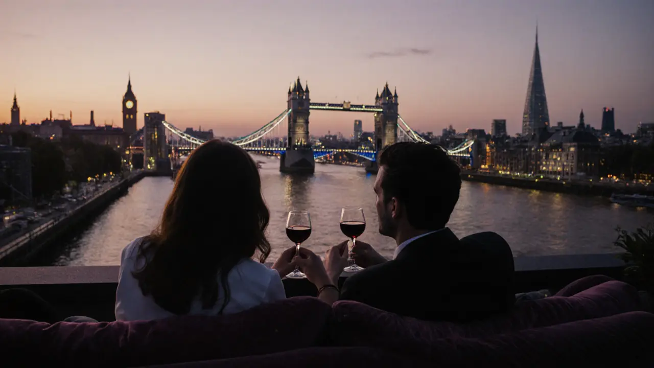 A couple enjoying sunset drinks on a private London rooftop with a view of the Thames.