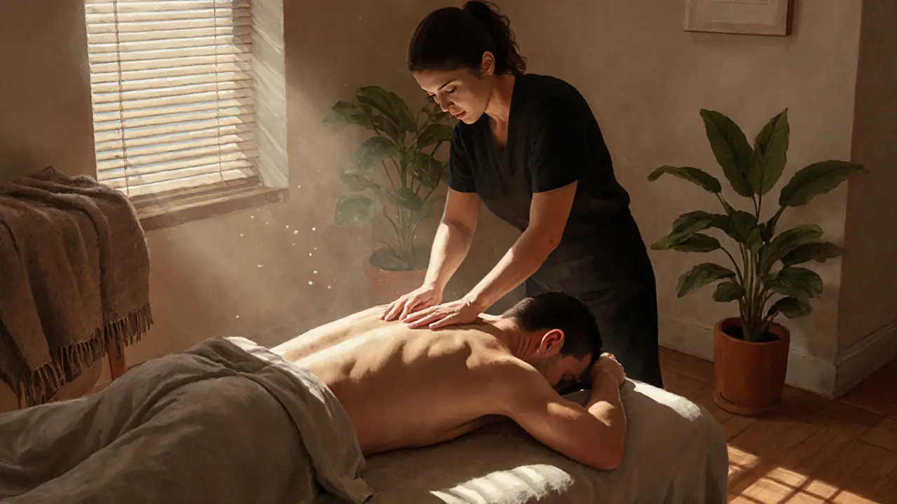 A deep tissue massage in progress, with warm tones and natural light highlighting the therapist&#039;s focused hands on a relaxed client.