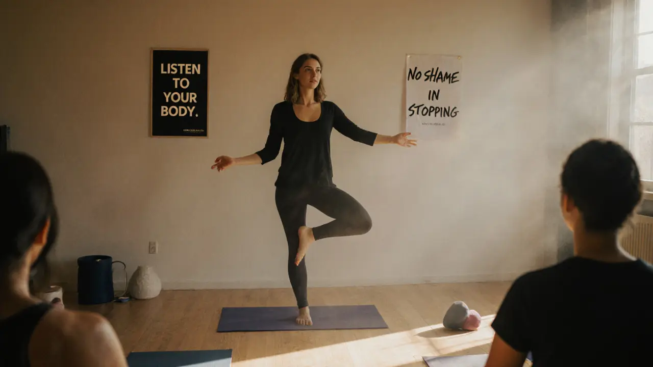 A former performer teaches yoga in a sunlit studio, guiding students with calm authority.