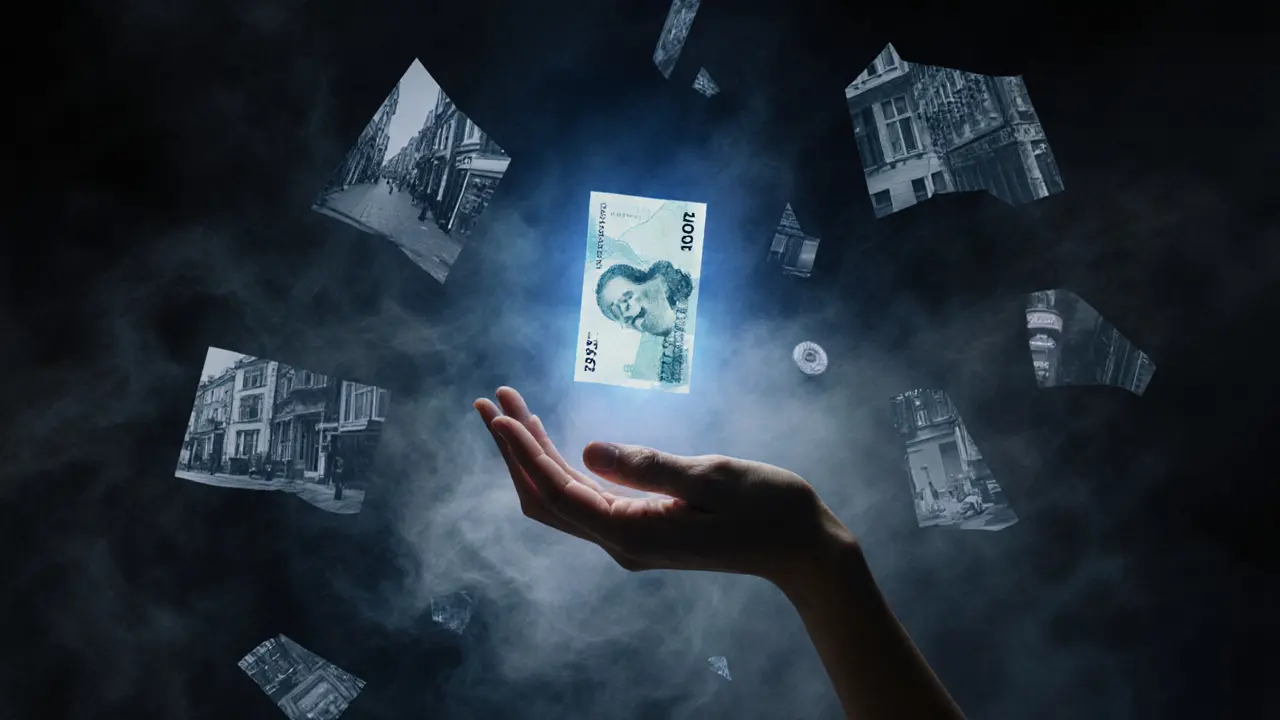 A £5 note floating in mid-air, surrounded by dissolving city fragments, glowing softly in shadow.