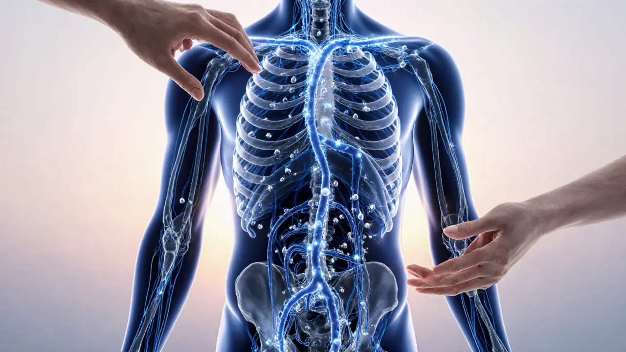 A glowing illustration of the lymphatic system with fluid and fat molecules moving smoothly through vessels.